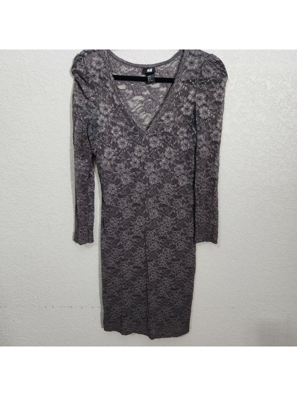 H&M Lace Floral Dress Womens Medium V-Neck Long Sleeve Sheer Gray Whimsigoth